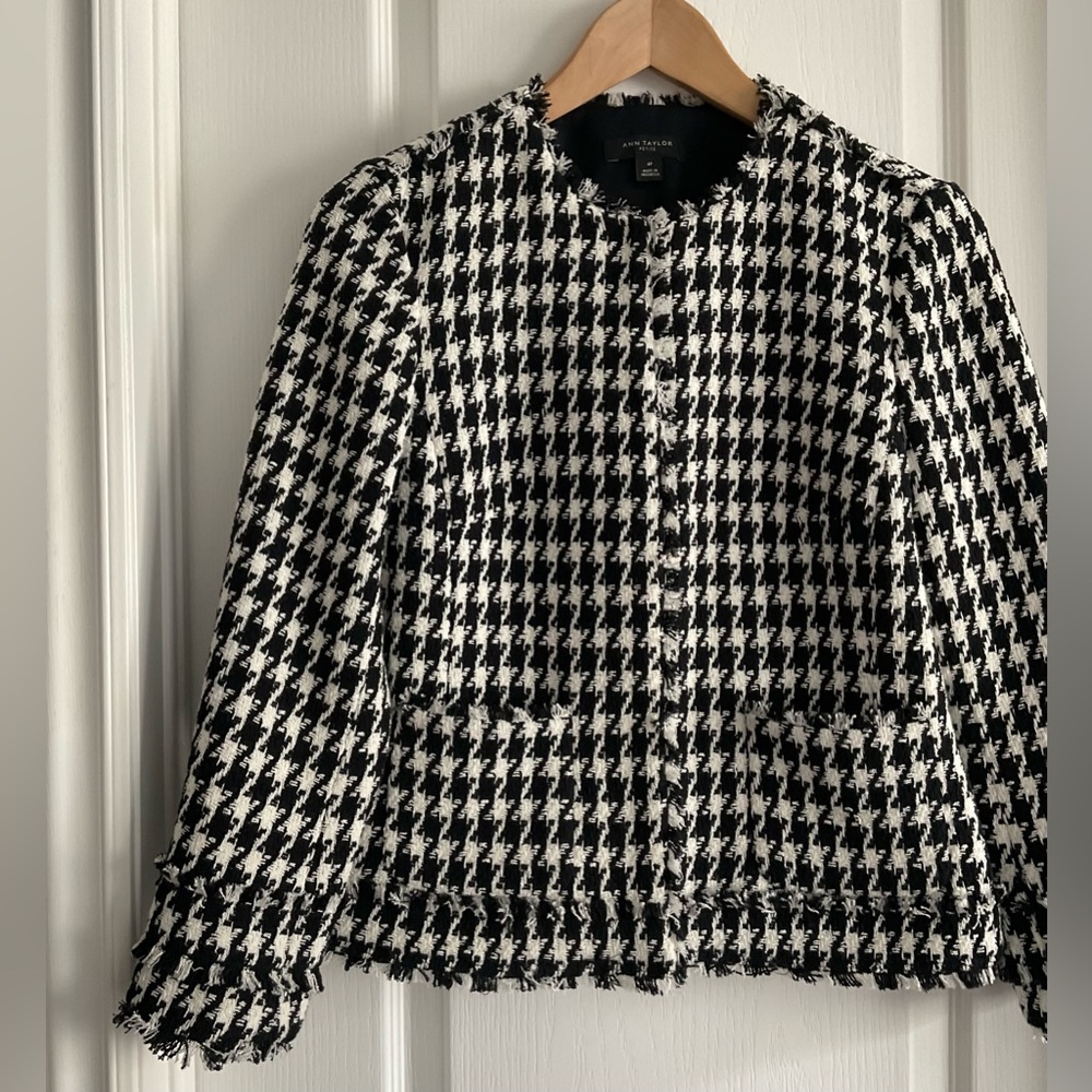 Ann Taylor Petite Black & White Houndstooth Tweed Jacket, top, blazer, size 4P